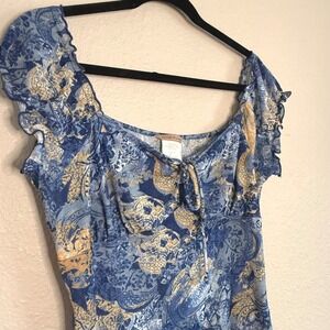 Vintage Y2K Large Blue Paisley Babydoll Milkmaid Top‎ Tie Front Coquette Fairy